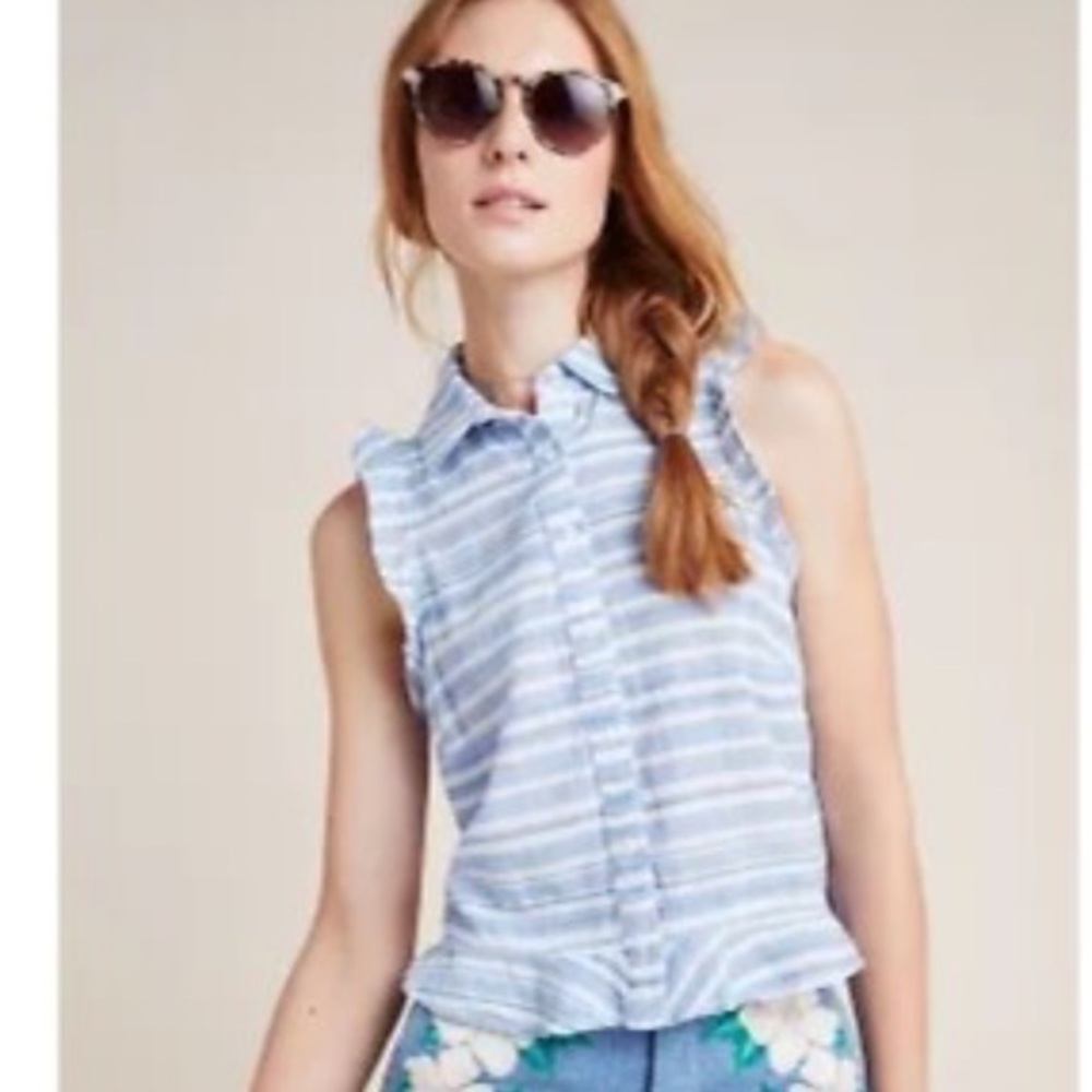 Anthropologie Light Blue & White Striped Sleeveless Button-Up Top